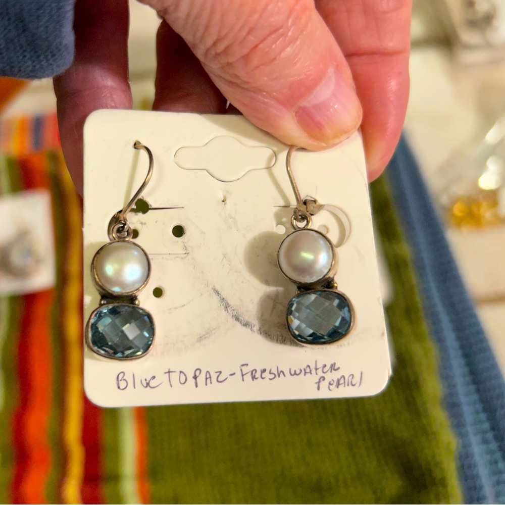 Freshwater pearl and blue topaz sterling silver earrings